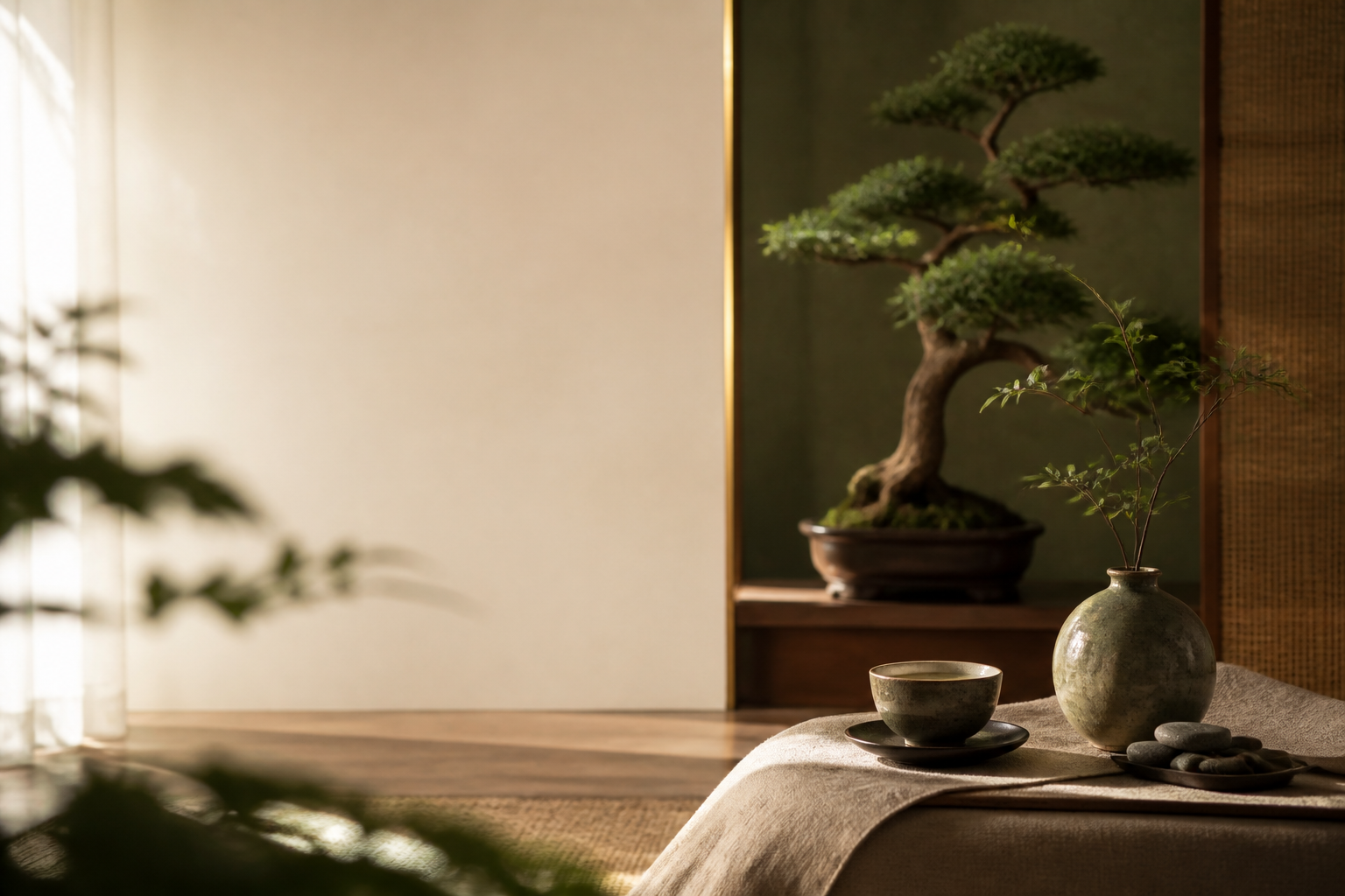 Atmósfera visual de TAO con bonsái y ritual de té
